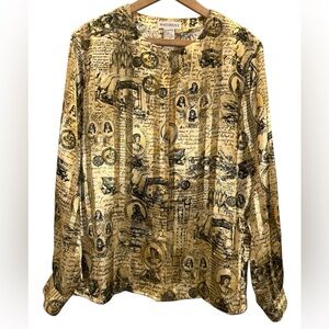 Martinique Vintage Script Print Button Down Semi-Sheer Blouse 12 Gold